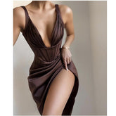 Hot Sale Ladies Women Spring Sexy V Neck Split Brown Midi Lady Dress 2022  Designer Fashion Evening Party Dress Vestido
